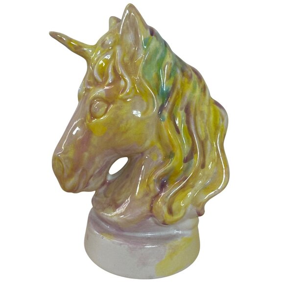 Whimsical Ceramic Unicorn Coin Bank Figurine Yellow Purple Swirl Mystical - Picture 3 of 6